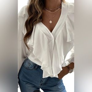 White Ruffles V Neck Puff Sleeve Shirt